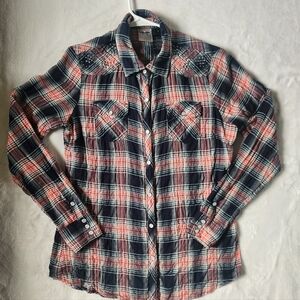 Harley Davidson Pearl Snap Shirt Womens Sz S Plaid Button Up Rhinestone Western